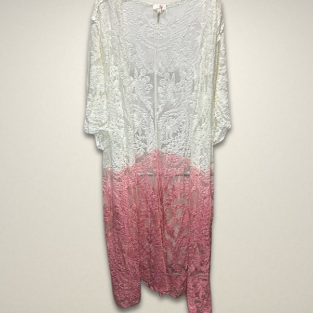 Lace Kimono Duster White Pink‎ Ombre Open Front Bohemian Festival Cover Up